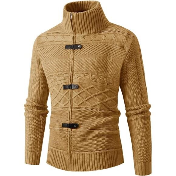 Men's Cable Knitted Oplique Zip Button Front Long Sleeve Cardigan Sweater - Picture 5 of 7